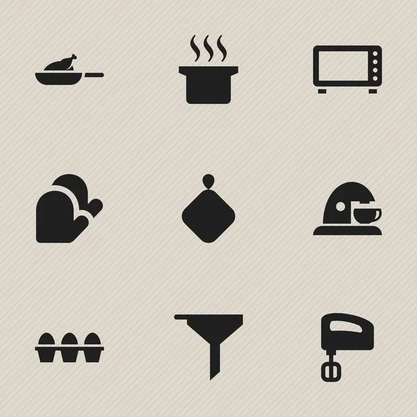 Set von 9 editierbaren Menüsymbolen. enthält Symbole wie Backofen, Rührwerk, Küchenhandschuh und mehr. kann für Web-, Mobil-, UI- und Infografik-Design verwendet werden. — Stockvektor