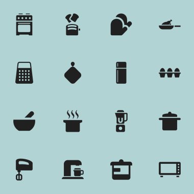 16 düzenlenebilir pişirme simgeler kümesi. İçecek makinesi, mutfak eldiveni, buzdolabı ve daha fazla gibi simgeler içerir. Web, mobil, UI ve Infographic tasarımı için kullanılabilir.