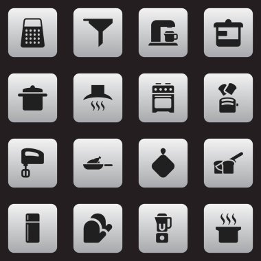 16 düzenlenebilir gıda simgeler kümesi. Tencere gibi simgeler Çorba kazanı, buzdolabı ve daha fazlasını içerir. Web, mobil, UI ve Infographic tasarımı için kullanılabilir.
