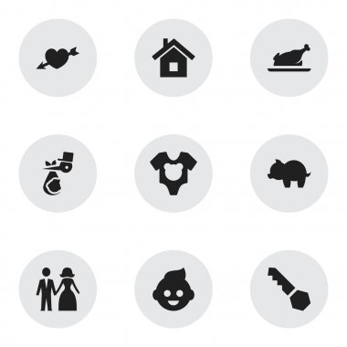 9 düzenlenebilir aile simgeler kümesi. Elbise, servet, kilit ve daha fazlası gibi simgeler içerir. Web, mobil, UI ve Infographic tasarımı için kullanılabilir.