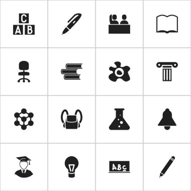 16 düzenlenebilir mezuniyet simgeler kümesi. Kütüphane, kalem, lamba ve daha fazlası gibi simgeler içerir. Web, mobil, UI ve Infographic tasarımı için kullanılabilir.