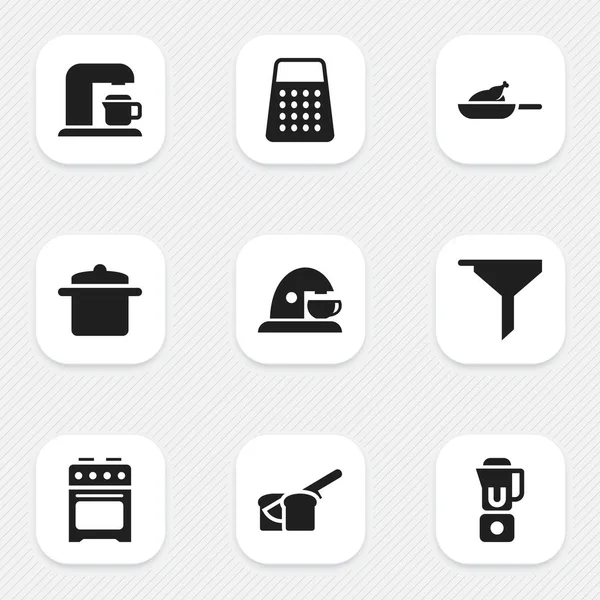 Sada 9 upravitelné vaření ikon. Obsahuje symboly, jako je nádobí, filtrování, ruční Mixer. Lze použít pro webové, mobilní, Ui a infografika Design. — Stockový vektor