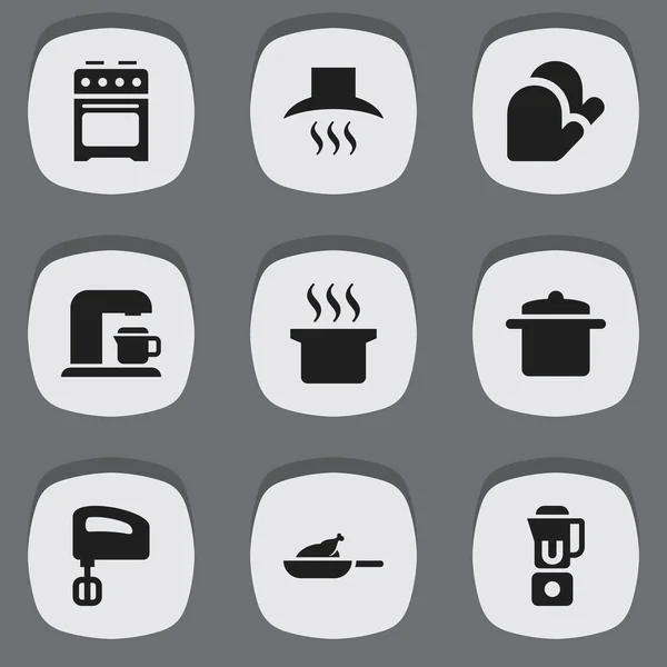 Набір з 9 значків для приготування їжі. Включає в себе такі символи, як виробник напоїв, посуд, суп і багато іншого. Може використовуватися для веб, мобільного, інтерфейсу та інфографіки . — стоковий вектор