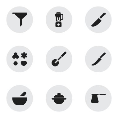 9 düzenlenebilir Cook simgeler kümesi. Kılıç, tencere, el mikseri gibi simgeler içerir. Web, mobil, UI ve Infographic tasarımı için kullanılabilir.