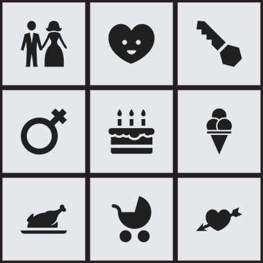 9 düzenlenebilir aile simgeler kümesi. Sembolleri evli gibi Perambulator, pastane ve daha fazlasını içerir. Web, mobil, UI ve Infographic tasarımı için kullanılabilir.