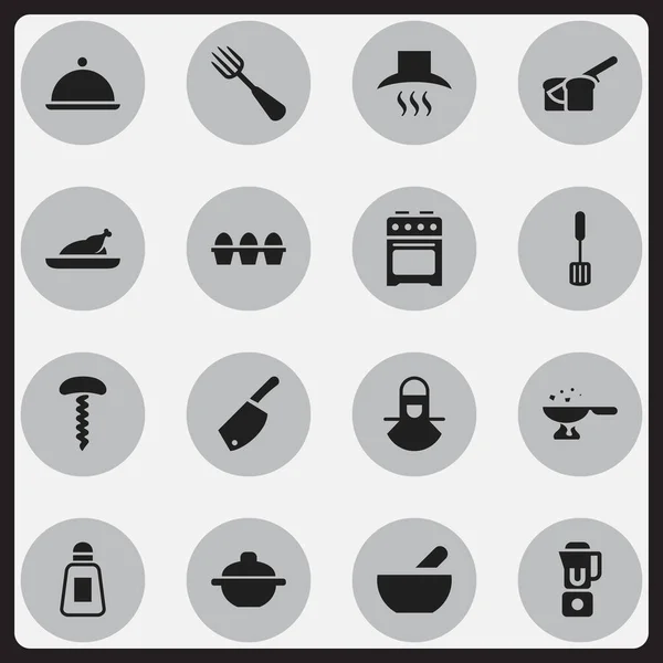 Conjunto de 16 iconos de cocina editables. Incluye símbolos como pollo frito, capucha de cocina, salver y más. Puede ser utilizado para el diseño de la tela, móvil, interfaz de usuario e infografía . — Archivo Imágenes Vectoriales