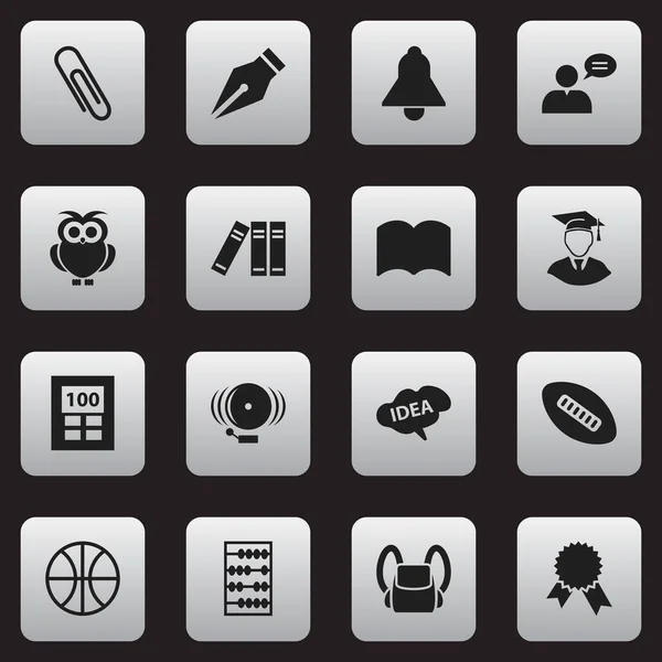 Conjunto de 16 iconos educativos editables. Incluye símbolos tales como medallón de la victoria, diccionario, calculadora y más. Puede ser utilizado para el diseño de la tela, móvil, interfaz de usuario e infografía . — Archivo Imágenes Vectoriales