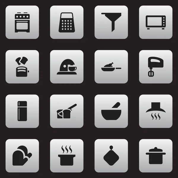 Zestaw 16 ikon jedzenie. Zawiera symbole, takie jak kromka chleba, niszczarki, rękawice kuchenne i nie tylko. Mogą być używane dla sieci Web, mobilnych, interfejsu użytkownika i Infographic Design. — Wektor stockowy