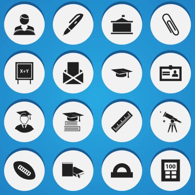 16 düzenlenebilir okul simgeler kümesi. Kalem, yarım daire cetvel, Diplomaed erkek ve daha fazlası gibi simgeler içerir. Web, mobil, UI ve Infographic tasarımı için kullanılabilir.