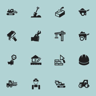 16 düzenlenebilir bina simgeler kümesi. Kaldırma donanımları, bakan, bodur ve daha fazlası gibi simgeler içerir. Web, mobil, UI ve Infographic tasarımı için kullanılabilir.