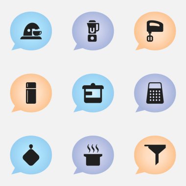 9 düzenlenebilir pişirme simgeler kümesi. Tencere tutacağı, buzdolabı, Çorba kazanı ve daha fazlası gibi simgeler içerir. Web, mobil, UI ve Infographic tasarımı için kullanılabilir.