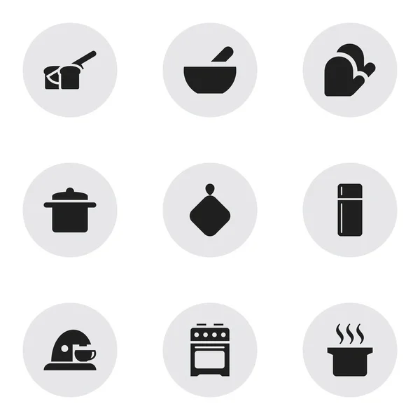 Zestaw 9 ikon jedzenie. Zawiera symbole, takie jak-łapka, lodówka, piekarnia i więcej. Mogą być używane dla sieci Web, mobilnych, interfejsu użytkownika i Infographic Design. — Wektor stockowy