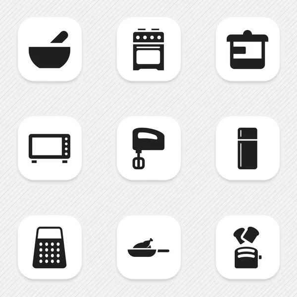 Набір з 9 для редагування їжі іконок. Включає в себе символи, такі як Шредер, гриль, агітатор і багато іншого. Може використовуватися для веб, мобільні, призначеного для користувача інтерфейсу і інфографіки дизайн. — стоковий вектор