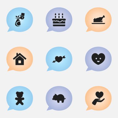 9 düzenlenebilir yakınları simgeler kümesi. Aşk, Pastane, kalp ve daha fazlası gibi simgeler içerir. Web, mobil, UI ve Infographic tasarımı için kullanılabilir.