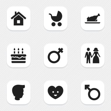 9 düzenlenebilir aile simgeler kümesi. Kadın işaret, ruh, pastane ve daha fazlası gibi simgeler içerir. Web, mobil, UI ve Infographic tasarımı için kullanılabilir.