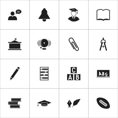 16 düzenlenebilir Üniversitesi simgeler kümesi. Alfabe küp, okul yönetimi, Oval Ball ve daha fazlası gibi simgeler içerir. Web, mobil, UI ve Infographic tasarımı için kullanılabilir.