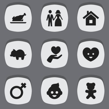 9 düzenlenebilir yakınları simgeler kümesi. Kalp, ev, kızarmış tavuk ve daha fazla gibi simgeler içerir. Web, mobil, UI ve Infographic tasarımı için kullanılabilir.