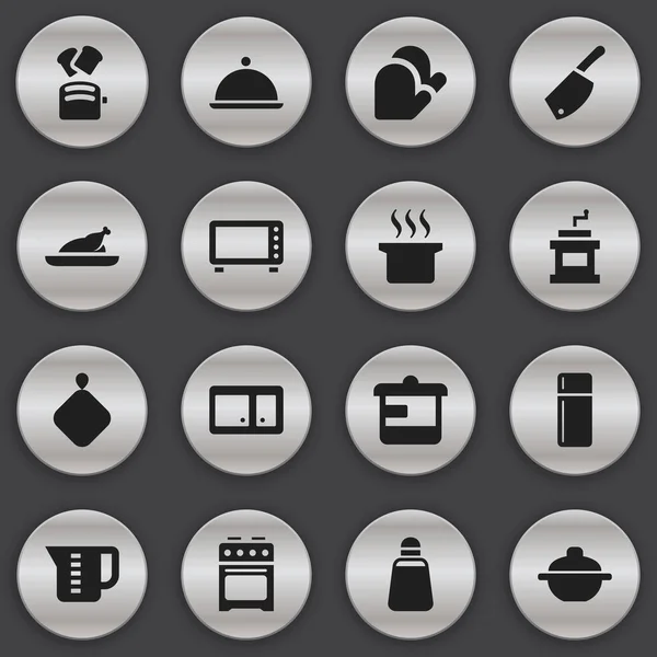 Készlet 16 szerkeszthető étkezés ikonok. Magában foglalja a szimbólumok, mint a tűzhely, tálaló, hűtőszekrény és így tovább. Lehet használni a Web, mobil, Ui és Infographic Design. — Stock Vector