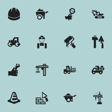 16 düzenlenebilir inşaat simgeler kümesi. Asansör, bildirim nesnesi, arabası ve daha fazlası gibi simgeler içerir. Web, mobil, UI ve Infographic tasarımı için kullanılabilir.
