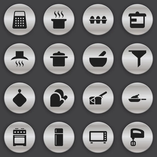 Набор из 16 столовых иконок. Включает такие символы, как Шредер, Холодильник, Фильтрация и многое другое. Can be used for Web, Mobile, UI and Infographic Design . — стоковый вектор