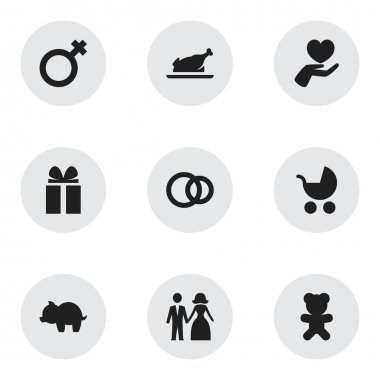 9 düzenlenebilir Kin simgeler kümesi. Kadın işaret, servet, kızarmış tavuk ve daha fazlası gibi simgeler içerir. Web, mobil, UI ve Infographic tasarımı için kullanılabilir.