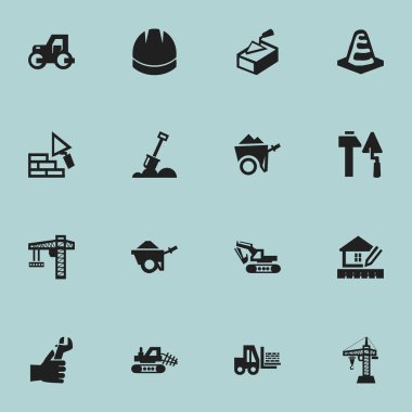 16 düzenlenebilir yapısını simgeler kümesi. Kazı makinesi, kamyon, inşaat araçları ve daha fazlası gibi simgeler içerir. Web, mobil, UI ve Infographic tasarımı için kullanılabilir.