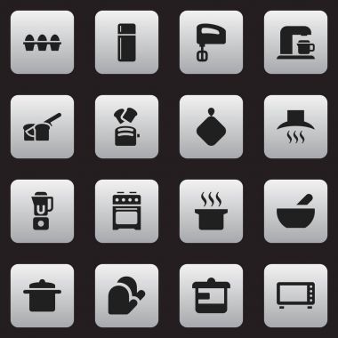 16 düzenlenebilir yemek simgeler kümesi. Mutfak Hood, el mikseri, ekmek gibi simgeler içerir. Web, mobil, UI ve Infographic tasarımı için kullanılabilir.