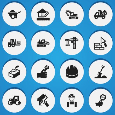 16 düzenlenebilir bina simgeler kümesi. Kazı makinesi, eller, dayanıklılık gibi simgeler içerir. Web, mobil, UI ve Infographic tasarımı için kullanılabilir.