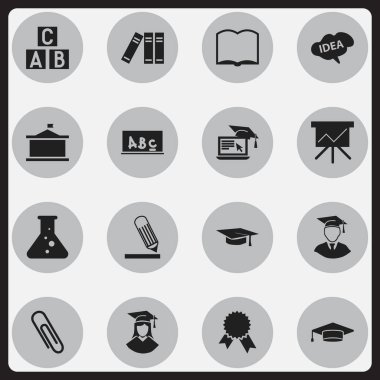 16 düzenlenebilir mezuniyet simgeler kümesi. Kitaplık, Üniversitesi, grafik kartı ve daha fazlası gibi simgeler içerir. Web, mobil, UI ve Infographic tasarımı için kullanılabilir.