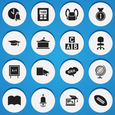 16 düzenlenebilir okul simgeler kümesi. Uzaktan eğitim, okul zili, Alarm zili ve daha fazlası gibi simgeler içerir. Web, mobil, UI ve Infographic tasarımı için kullanılabilir.