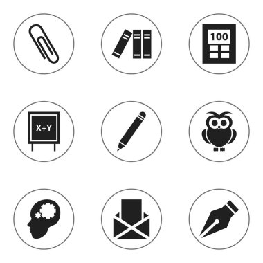 9 düzenlenebilir eğitim simgeler kümesi. Zarf, yazı tahtası, elyaf ve daha fazlası gibi simgeler içerir. Web, mobil, UI ve Infographic tasarımı için kullanılabilir.