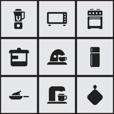 9 düzenlenebilir gıda simgeler kümesi. İçecek makinesi, gereçler ve soba gibi simgeler içerir. Web, mobil, UI ve Infographic tasarımı için kullanılabilir.