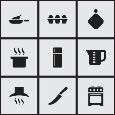9 düzenlenebilir Cook simgeler kümesi. Tencere tutacağı gibi simgeler Çorba kazanı, ızgara ve daha fazlasını içerir. Web, mobil, UI ve Infographic tasarımı için kullanılabilir.