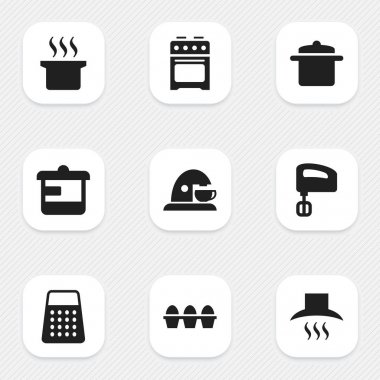 9 düzenlenebilir Cook simgeler kümesi. Karıştırıcı, soba, tencere ve daha fazlası gibi simgeler içerir. Web, mobil, UI ve Infographic tasarımı için kullanılabilir.