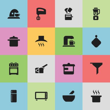 16 düzenlenebilir yemek simgeler kümesi. Gereçler, mutfak Hood, buzdolabı ve daha fazlası gibi simgeler içerir. Web, mobil, UI ve Infographic tasarımı için kullanılabilir.