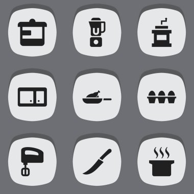 9 düzenlenebilir gıda simgeler kümesi. Gereçler, Çorba kazanı, Mocha değirmeni ve daha fazlası gibi simgeler içerir. Web, mobil, UI ve Infographic tasarımı için kullanılabilir.