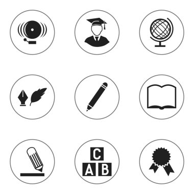 9 düzenlenebilir eğitim simgeler kümesi. Kalem, dünya gezegen, Diplomaed erkek ve daha fazlası gibi simgeler içerir. Web, mobil, UI ve Infographic tasarımı için kullanılabilir.