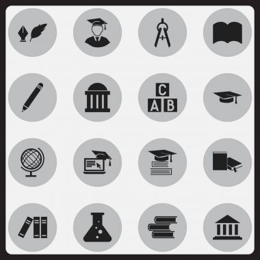 16 düzenlenebilir mezuniyet simgeler kümesi. Kimya, edebiyat, alfabe küp ve daha fazlası gibi simgeler içerir. Web, mobil, UI ve Infographic tasarımı için kullanılabilir.