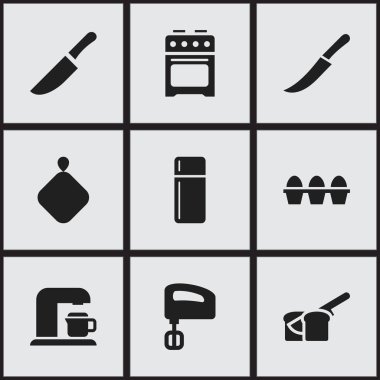 9 düzenlenebilir pişirme simgeler kümesi. Bıçak gibi simgeler tencere tutacağı, kılıç ve daha fazlasını içerir. Web, mobil, UI ve Infographic tasarımı için kullanılabilir.