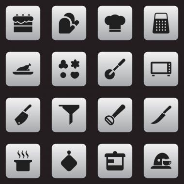 16 düzenlenebilir pişirme simgeler kümesi. Pasta, mutfak eldiveni, fırın ve daha fazlası gibi simgeler içerir. Web, mobil, UI ve Infographic tasarımı için kullanılabilir.