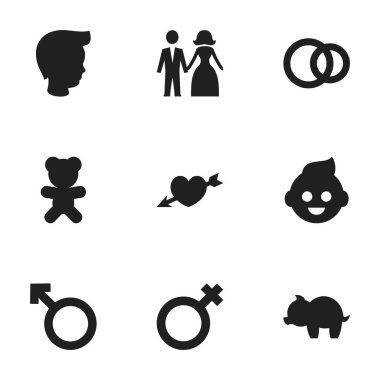 9 düzenlenebilir yakınları simgeler kümesi. Çocuk, oyuncak, sevgi ve daha fazla gibi simgeler içerir. Web, mobil, UI ve Infographic tasarımı için kullanılabilir.