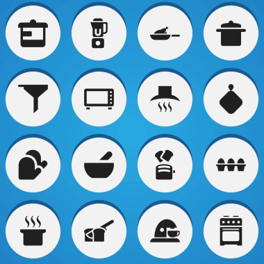 16 düzenlenebilir gıda simgeler kümesi. Tencere tutacağı vb. gibi gereçler, mutfak eldiveni, simgeler içerir. Web, mobil, UI ve Infographic tasarımı için kullanılabilir.