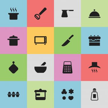 16 düzenlenebilir Cook simgeler kümesi. Çorba kazanı, bıçak, kahve Pot ve daha fazlası gibi simgeler içerir. Web, mobil, UI ve Infographic tasarımı için kullanılabilir.