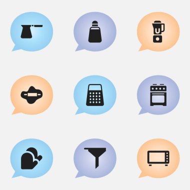9 düzenlenebilir Cook simgeler kümesi. Shredder, soba, fırın ve daha fazlası gibi simgeler içerir. Web, mobil, UI ve Infographic tasarımı için kullanılabilir.
