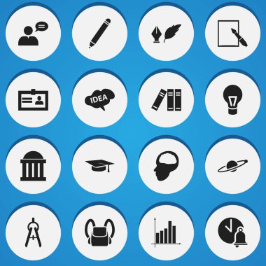 16 düzenlenebilir Üniversitesi simgeler kümesi. Cerebrum, kalem, grafik ve daha fazlası gibi simgeler içerir. Web, mobil, UI ve Infographic tasarımı için kullanılabilir.