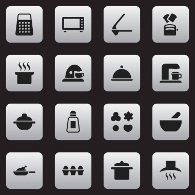 16 düzenlenebilir pişirme simgeler kümesi. Tuzluk, mutfak Hood, Çorba kazanı ve daha fazlası gibi simgeler içerir. Web, mobil, UI ve Infographic tasarımı için kullanılabilir.