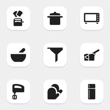 9 düzenlenebilir Cook simgeler kümesi. Tencere, mutfak eldiveni, karıştırıcı ve daha fazlası gibi simgeler içerir. Web, mobil, UI ve Infographic tasarımı için kullanılabilir.