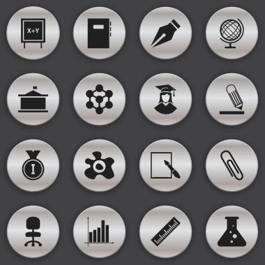 16 düzenlenebilir okul simgeler kümesi. Yeşilaycı, iş koltuk, kimya ve daha fazlası gibi simgeler içerir. Web, mobil, UI ve Infographic tasarımı için kullanılabilir.