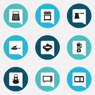 9 düzenlenebilir yemek simgeler kümesi. Sembolleri soba gibi ızgara, parçalayıcı ve daha fazlasını içerir. Web, mobil, UI ve Infographic tasarımı için kullanılabilir.