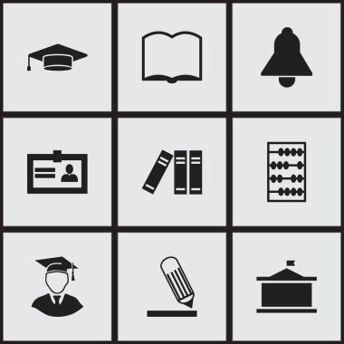 9 düzenlenebilir okul simgeler kümesi. Kitaplık, Bell, Üniversitesi ve daha fazlası gibi simgeler içerir. Web, mobil, UI ve Infographic tasarımı için kullanılabilir.